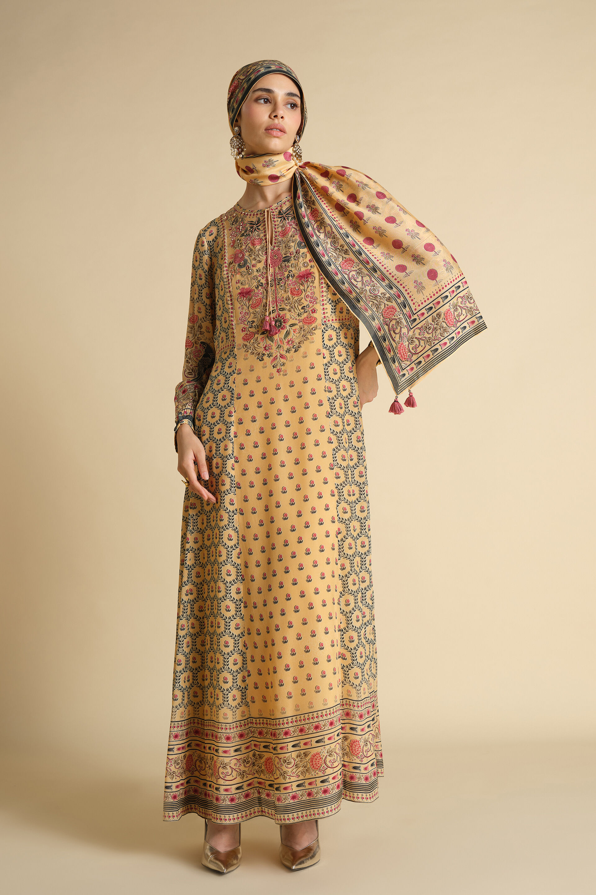 Demoiselle Printed Silk Stole - Yellow, Yellow, image 3